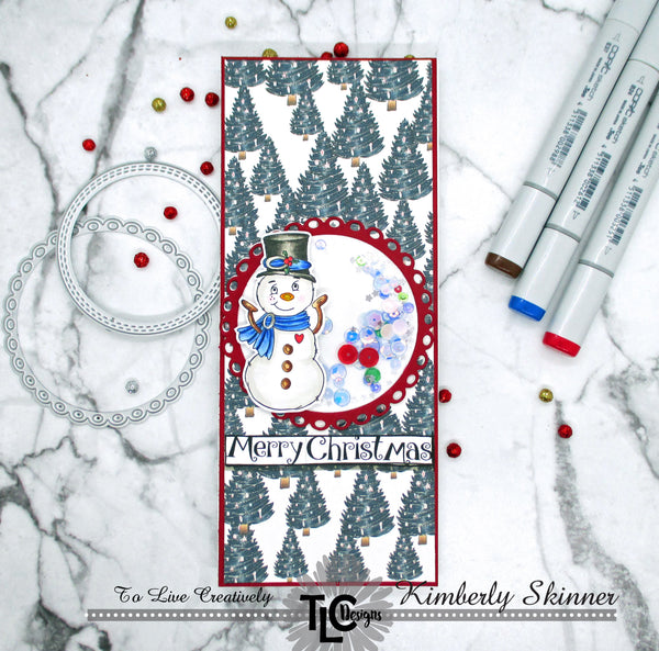 Frosty the digital stamp image from TLCDesigns.shop paper crafting store is front and center on this greeting card project!  Surrounded by perfectly color coordinated custom designer papers and popped up with a delightful scalloped doily die cut in red!  It's even a shaker card too!  The easy holiday craft project!