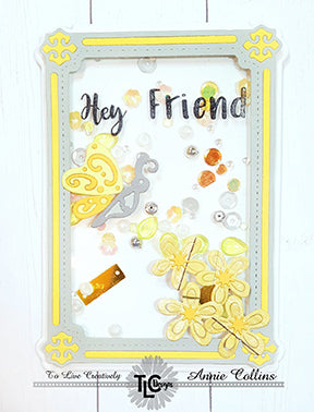Shaker card heaven in yellows and greytone papers! Using the Butterfly Rectangle die set from TLCDesigns.shop