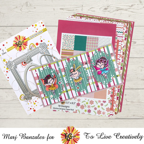 Use the Loving Petals Squares die and Perfectly precious papers from TLC Designs together with the Tiptoe Fairy Dance newly released polymer stamps and bring your next slimline project to life!