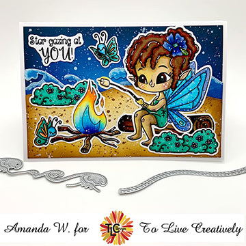 It's Bonfire time on the greeting card set under the stars next to the ocean with the exclusive digital stamps called Outdoor Friends from TLC Designs!  It's a rainbow fire and flaming marshmallow!