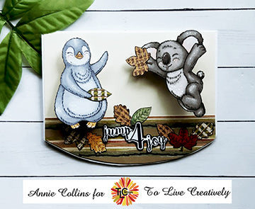 TLCDesigns July release of Delicious designer papers and Festive Friends digital illustrations together in an autumn wobbler card project in browns reds and greens!
