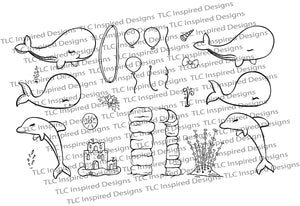 This is a picture of the entire digital stamp set called Fancy Fins, full of whales, dolphins, underwater greens and much more. All available at TLCDesigns.shop