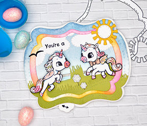 Moving Alicorn stamp images from the edges of your project to the center with the Alicorn Happiness stamps and the See You In The Center die product from TLCDesigns.shop