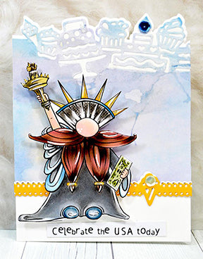 It's a greeting card "Gnome 4 All" project with the Birthday cake filled Celebrate border die from TLCDesings..shop The illustration is a freebie and the project makes this country shine!