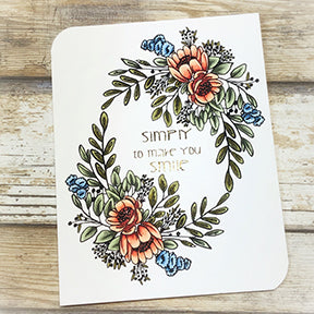 Delightfully colored peach blooms of the Happy Bouquet digi stamp with Simply to make you smile sentiment on this greeting card sure to please. Available at TLCDesigns.shop