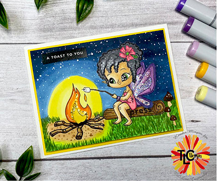 Outdoor friends stamp set exclusively with TLC Designs is building a campfire with real led lights by Kendra