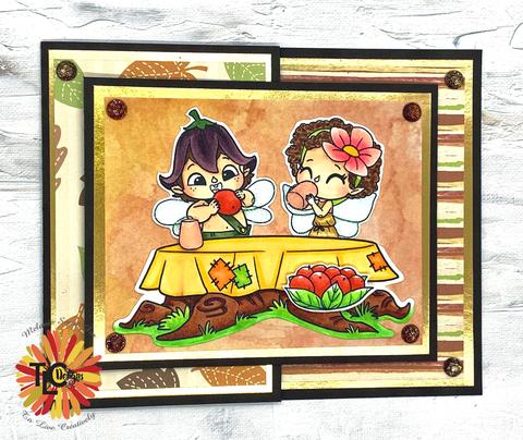 Foraging fairies colored with Copic and covered in the beautiful Delicious paper pack exclusive with TLC Designs