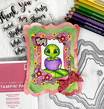 Watercolor Naturals custom designer papers from TLC Designs used in todays project with the Turtle-icious stamp front and center inside the Daisy Frame Die fully layered card from DT Melanie Smith