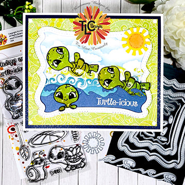 today at tlcdesigns, dt Rosemary creates a scene of two swimming turtle stamp illustrations on the ocean with the sunshine die from the Aztec Sunshine die set, the Waves die from the Land and Seas die and more.