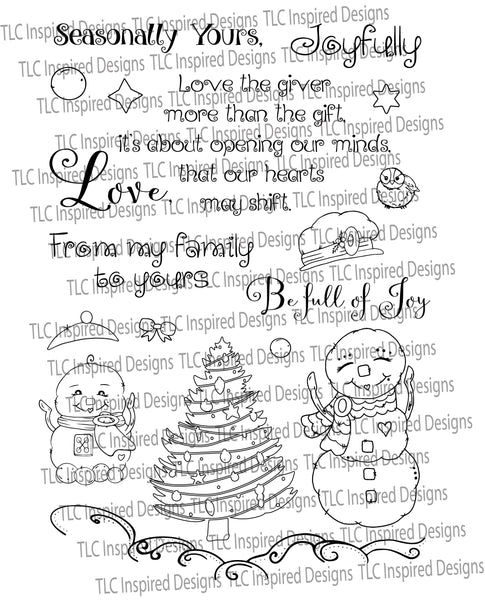 TLC Designs paper crafting digital stamps for the Christmas Holiday.  18 stamps from Snow people, trees, wildlife and sentiments too.