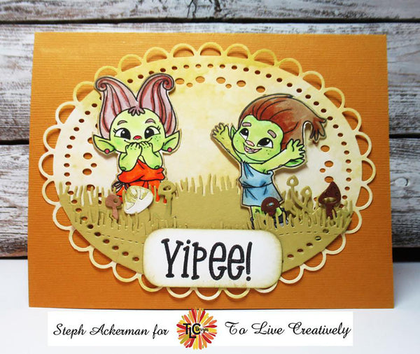 The Aviary Oval die set esclusively from TLCDesigns shows off this card project perfectly!  It's delicate incuts and scallops make it the perfect size and style for every illustrated coloring project