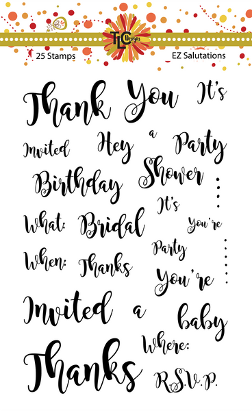 This picture is the backer card for a 25 stamp set called EZ Salutations by TLCDesigns.shop