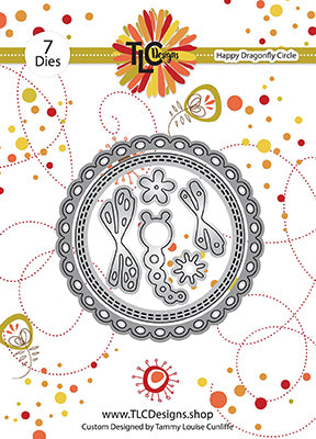 this is the backer card for a 7 piece die set called Happy Dragonfly Circle from TLCDesigns.shop