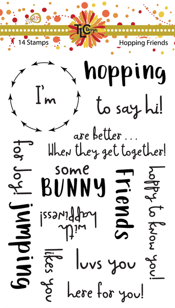 this is the backer card for the 14 stamp set called Hopping Friends from TLCDesigns.shop