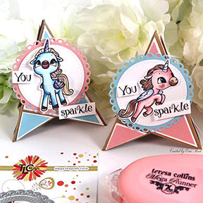 A fancy fun fold project designed with the Happy Dragonfly Circle die and Alicorn happiness stamp set from TLCDesigns.shop. Designed by Erin Reed these teepee shaped cards are sweet and simple to make