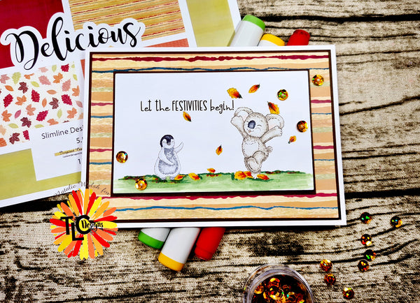 Koala and penguin friends in the TLC Designs digital stamp world of Festive Friends and the Delicious Designer paper pack