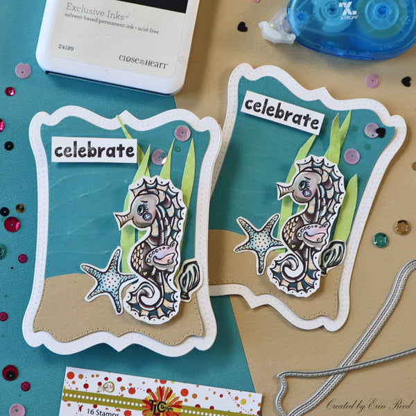 Precolored Sea Horse Sam digital image from TLC Designs in an underwater scene card on the Daisy Die cut