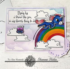 Flying by a friend like you is my favorite thing to do! That's the sentiment on the interactive card project by Shanna Slater from TLCDesigns.shop. The flying Alicorn illustration is flying over an adorable rainbow with the Double Dial Die 1 die product. It's Rainbow heaven!