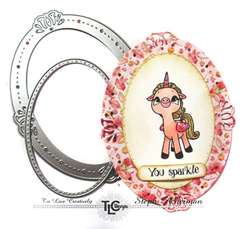 TLCDesigns.shop Oval Lily Frame has created a shaped card with custom design paper Soft Blush and the Alicorn Polymer stamp collection designed by DT Steph.  It's greeting card design at it's best!