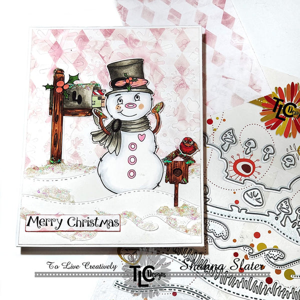 The Snow Family Fun digital stamp set designed by dt Shanna slater.  A greeting card with the Ink Me In Pink designer papers and the Merry Christmas sentiment