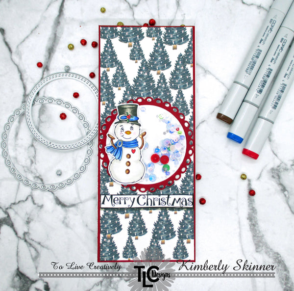 Frosty the digital stamp image from TLCDesigns.shop paper crafting store is front and center on this greeting card project!  Surrounded by perfectly color coordinated custom designer papers and popped up with a delightful scalloped doily die cut in red!  It's even a shaker card too!  The easy holiday craft project! 