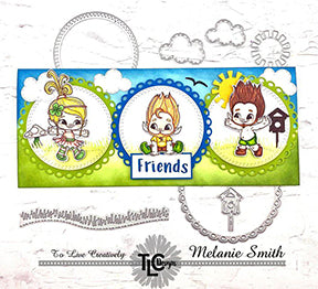 The Happy Dragonfly Circle die from TLCDesigns is showing off it's stuff in this adorable multi tonal slimline card. With Blue sky and clouds from the Aztec Sunshine Die and the Troll Cricket Fun critters from the Polymer stamp set, there's no better way to say friends! from TLCDesigns.shop