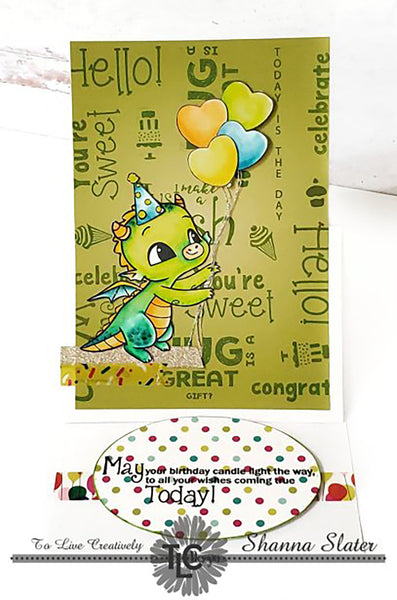 Happy the Dragon Polymer stamps from TLCDesigns.shop is front and center on this DIY background lime green paper pack! Holding as many heart shaped balloon as possible to wish you a great birthday!