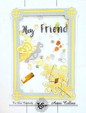 Shaker card heaven in yellows and greytone papers! Using the Butterfly Rectangle die set from TLCDesigns.shop