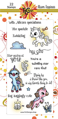 Three adorable Alicorn stamps, 10 sentiment stamps and loads of embellie stamps included in the 22 stamp paper crafting product from TLCDesigns.shop