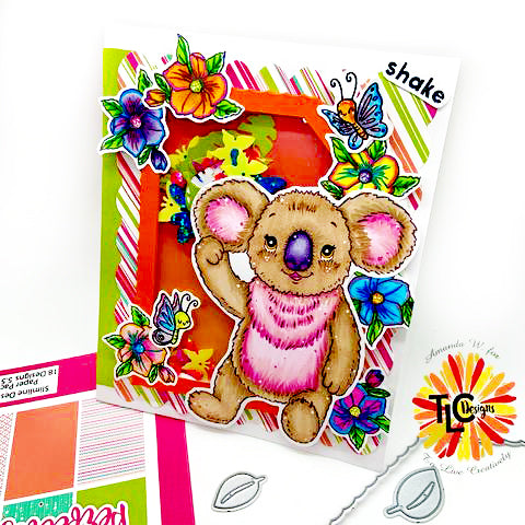 This little digital stamp is called Koala Kindness and is exclusive to TLCDesigns.shop.  using this shaker card designed in the original Lisa Frank bright and bold colors using the Perfectly Precious paper pack