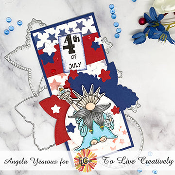 dt Angela has created an extremely patriotic red white and blue slimline card with the free Gnorman 4 all illustration and the Star Spangled Confetti die set.  It's America at it's best! 