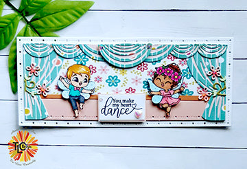 It's a broadway show sort of greeting card today with TLCDesigns Tiptoe Fairy Dance Polymer stamps colored and on stage.  That stage is a slimline greeting card with beautiful curtains and Perfectly Precious walls behind those curtains! 