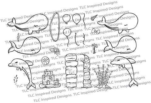 This is a picture of the entire digital stamp set called Fancy Fins, full of whales, dolphins, underwater greens and much more. All available at TLCDesigns.shop