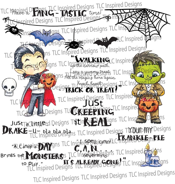 TLC Designs and Maria Medel illustration of 17 piece digital stamp set for halloween with spiders, webs, bats, sentiments and of course, Drake-U-bla-bla-bla and Frankie pie from TLCDesigns.shop