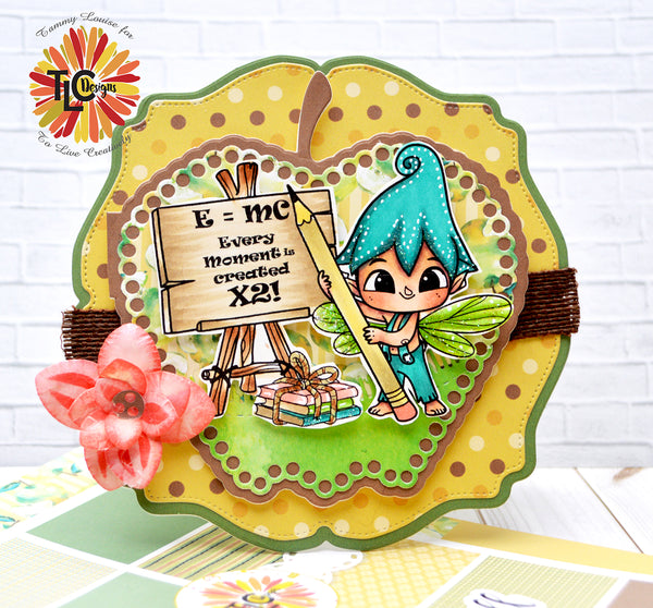 This is a card project for Back to school or to create a moment in time!  Poetic Pixie digital stamp is colored with Copics and placed prominently onto the Apple A Day die cut card shape from TLC Designs and the July Release of the Emerald Fall papers were used in the design