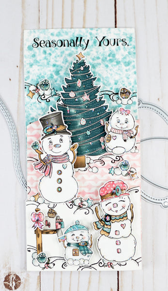 Slimline greeting holiday heaven with the cutest Snow Family Tree digital stamp set placed at all levels and layers of this greeting gift card inclusive project from TLCDesigns.shop