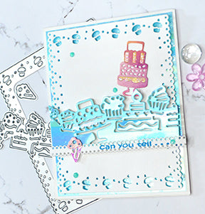 Do you need quick, simple and fun birthday cards that really shine? This greeting card project has everything you need! With the ribbon die across the bottom and a pretty cake die cut at the top in pink and glittered with stickles. designed from the Celebrate Collection of dies available at TLCDesigns.shop