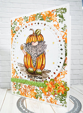 It's a happy Halloween to you sort of day at TLCDesigns.shop with the Aztec sunshine die and the Celebrate Ribbon die flourishing all around the Jack O Gnome freebie image on the card