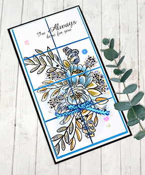 It's a slimline card made with the Happy Bouquet digi stamp available at TLCDesigns.shop made one square at a time with 1/8 inch gap between sections to offset and pop up the artwork