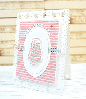The Celebrate Frame die set from TLCDesigns.shop can make your next Birthday celebration card into an intricately cut card full of cupcakes and ribbons with the products in the die set!