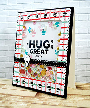 Shake up you hug card with the Celebrate Frame and ribbon dies at TLCDesigns.shop! The inside of this card is loaded with a sentiment from the Celebrate stamp set and colorful sequins!