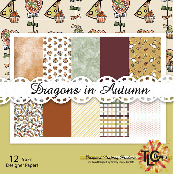 The cover photo of the Dragons in Autumn coordinating paper pack from TLCDesigns.shop. It's all about the celebration of Autum with rich oranges, reds and browns too