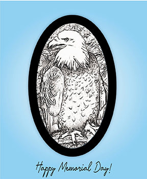 The Bald Eagle digital stamp image from TLC Designs framed in an oval on a blue background. The Free and Brave Freebie digi stamp