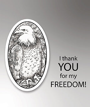 Thanking the Free and Brave soldiers for our Freedom! The freebie Bald Eagle and sentiment illustration stamp set from TLC Designs on a greeting card.