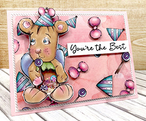 This greeting card is just the sweetest shaker ever! The Jazz digi stamp available at TLCDesigns.shop has a full belly of sequins. He's popped up and combined with the coordinating designer paper! It's so cute in pinks and purples!
