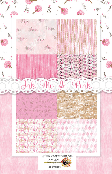 This is the cover page of the Ink me in pink digital Paper pad available at TLCDesigns.shop for breast cancer awareness. 8 designer papers Slimline