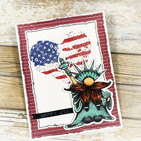 Gnorman for all on the delightful backdrop of a heart decorated like the american flag! The perfect greeting card to say Happy 4th of July available as a free digi stamp at TLCDesigns.shop