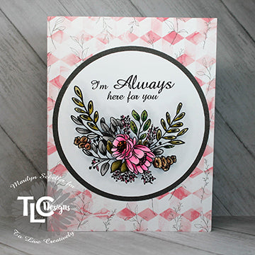 beautifully pink diamonds faded into a floral twig background with the Happy Bouquet from TLC Designs and the Ink Me In Pink digital papers on a sweet greeting card