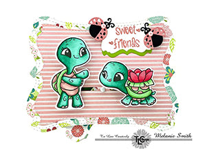 Designer Melanie from TLCDesigns.shop Copic Colored two of the turtles from the Turtle-icious stamp set from TLCDesigns.shop.  Placed onto the brads and slider interactive See You In The Center Die.  Cute papers from the Perfectly Precious Papers and the embellishment die ladybug from the Cherry On Top die set
