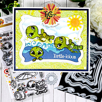 today at tlcdesigns, dt Rosemary creates a scene of two swimming turtle stamp illustrations on the ocean with the sunshine die from the Aztec Sunshine die set, the Waves die from the Land and Seas die and more.  